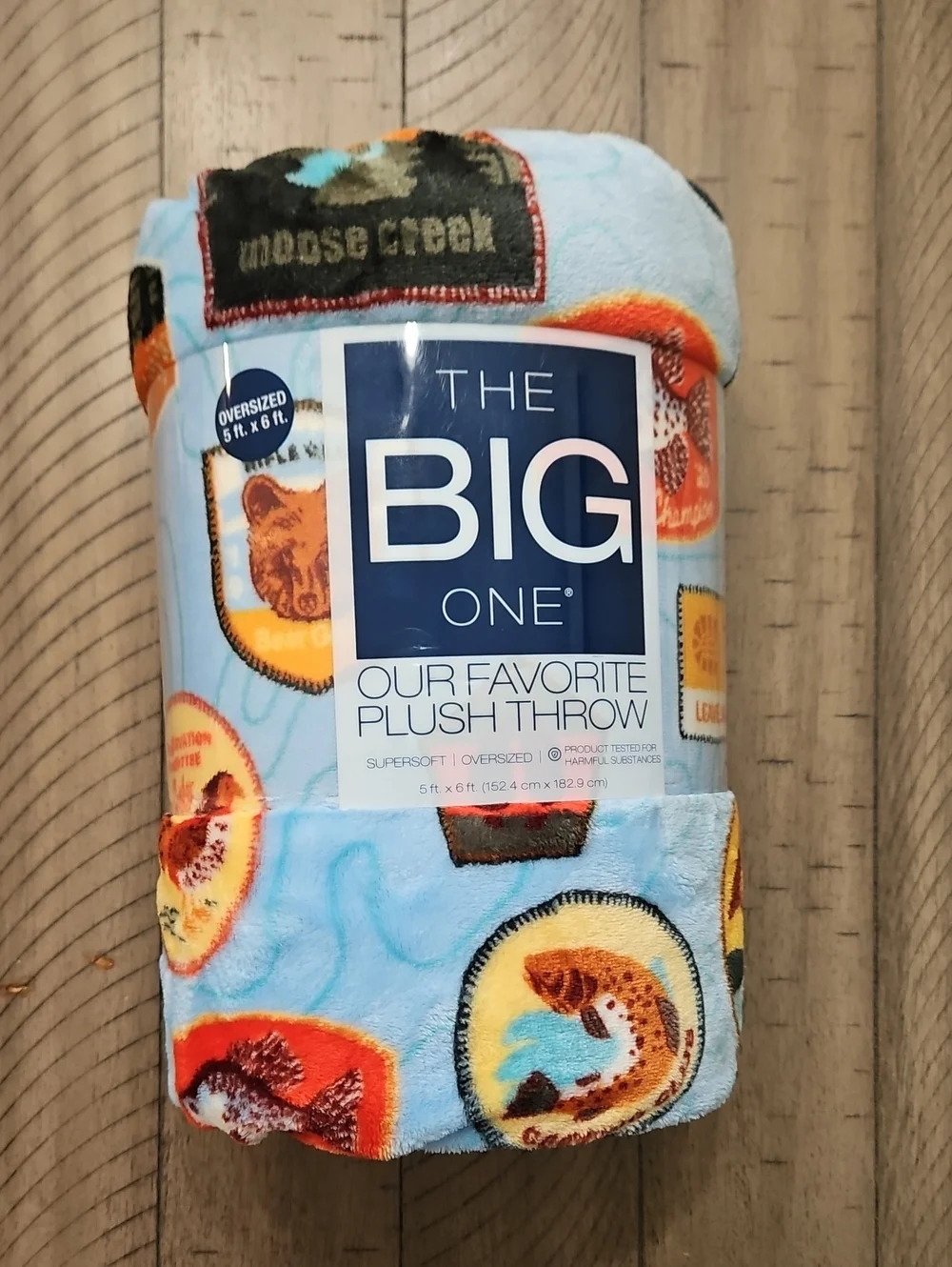 The Big One Plush Throw - Light Blue with Wildlife Patches